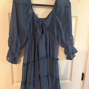 Blue Textured Dress with Tie Front